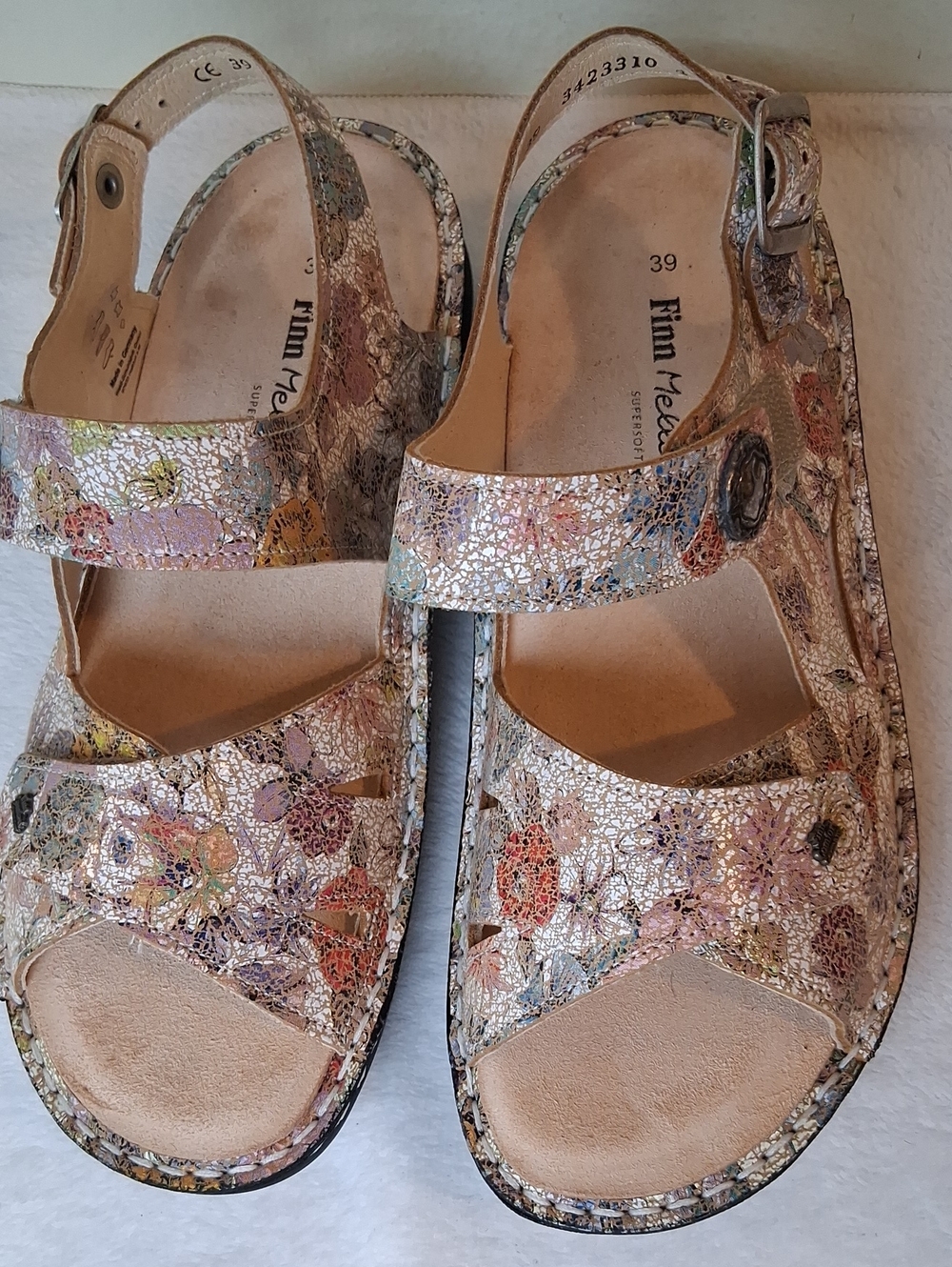 Finn Comfort Metallic Floral Leather Sandals in Rose Gold Multi
